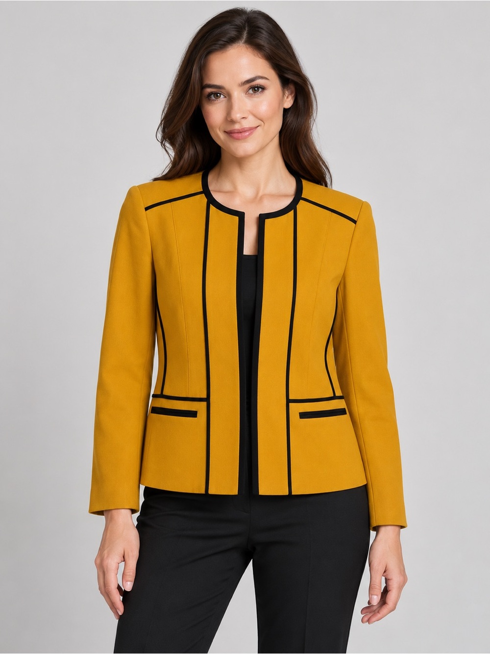 Black Label by Evan Picone Mustard Yellow Black Trim Blazer Size 6
